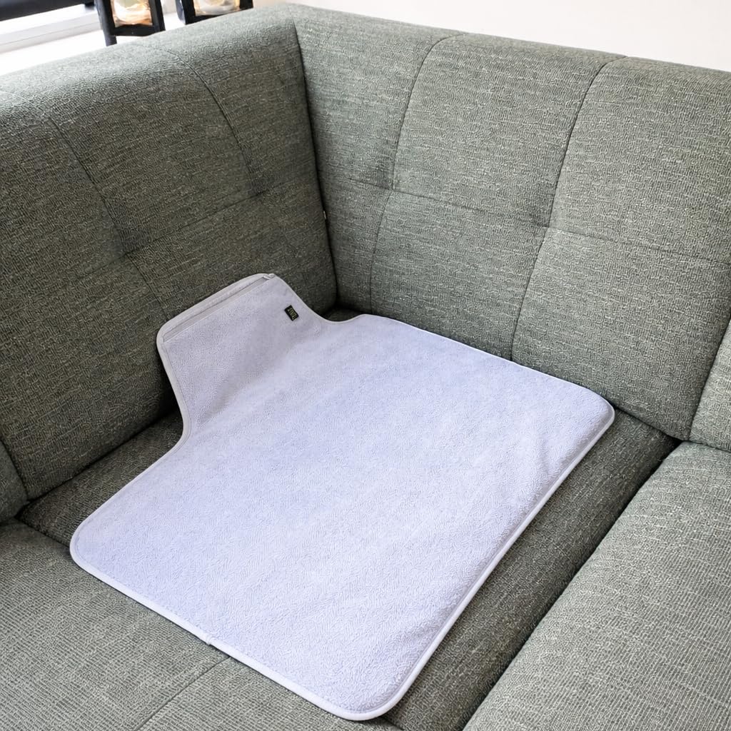 Infrarot Wärmematte Kabellos mit Powerbank (20.000 mAh) – Elektrisches Heizkissen für Sitz & Rücken – 3 Heizstufen – Chenille-Stoff Hellgrau – Indoor Wärmepad