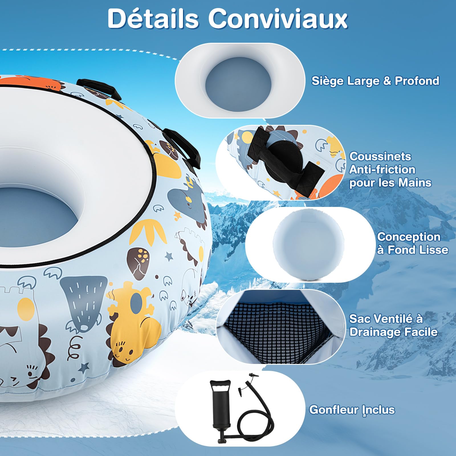 GOPLUS - Trineo para nieve hinchable, 132 cm, trineo resistente al frío con funda Oxford, fondo grueso, 4 asas acolchadas, gancho de correa de remolque, trineo inflable para niños y adultos