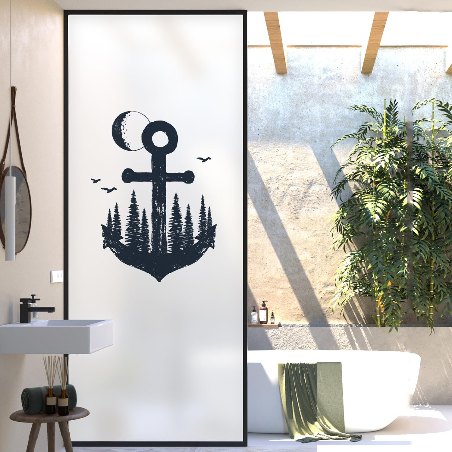 XQKXHZ One Way Window Film Privacy Day and Night,Frosted Opaque Window Film Static Cling Glass Decorative Films Sun Blocking Non-Adhesive Premium Vinyl,for Glass Doors,Bathroom,Kitchen,J,60x100cm