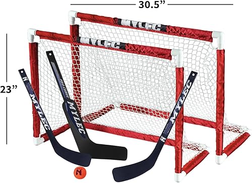 Miniatura 2 de Mylec Mini juego de hockey, 2 porteros de hockey de PVC (30.5 x 23 pulgadas), 2 mini palos de plástico (izquierdo y derecho), 1 palo de portero, 1