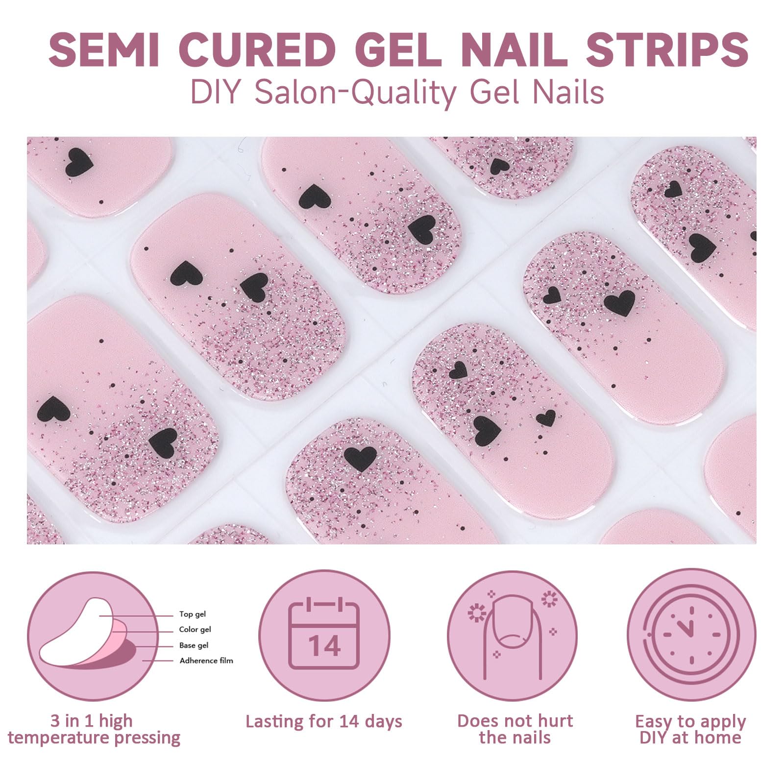 Semi Cured Gel Nail Strips,28 pcs Gel Nail Sticers Wraps Heart,Long Lasting Polish Stickers Work with UV Lamp,Easy to Use - Image 2