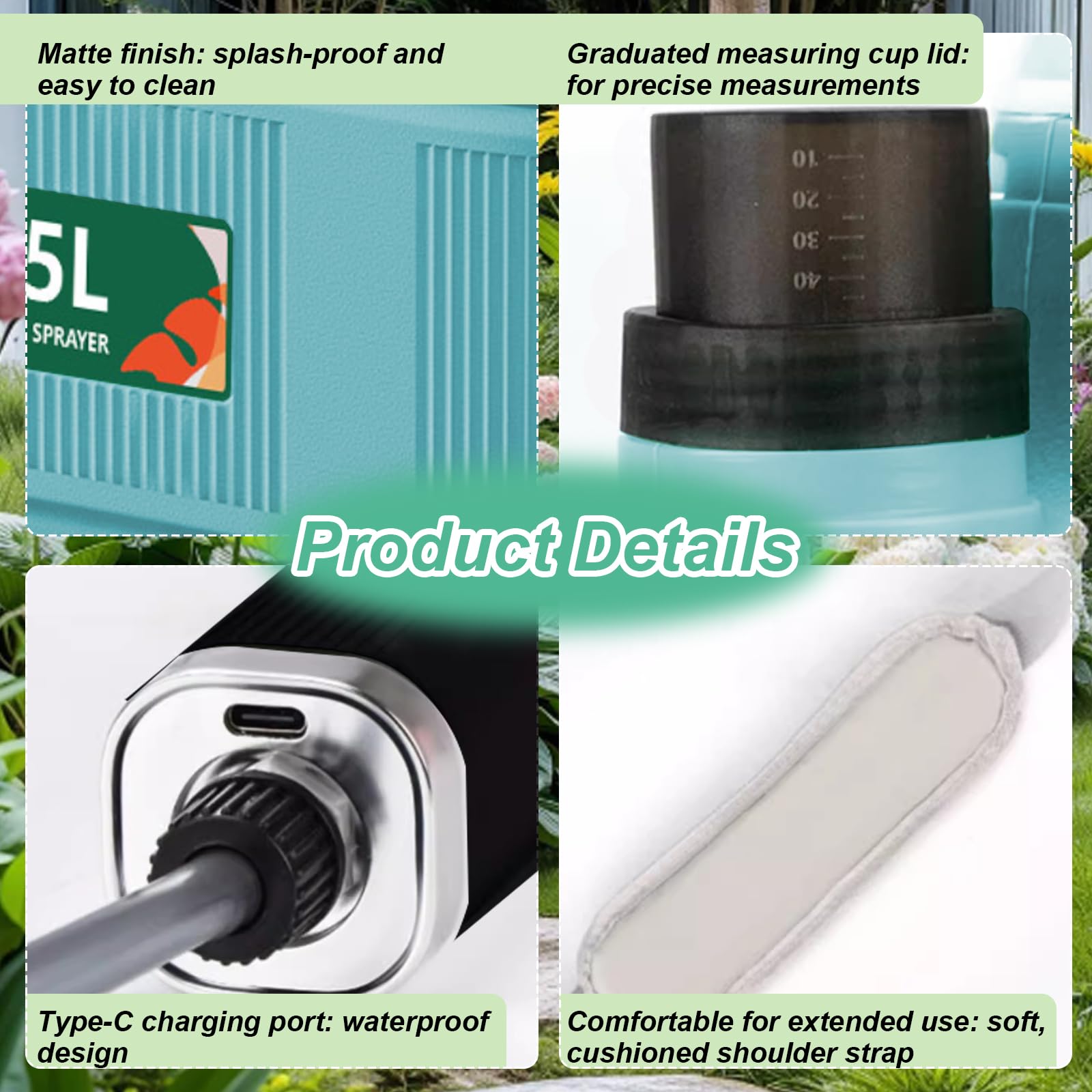 Spruzzatore a pressione a batteria da 5 litri, spruzzatore elettrico per piante con 3 ugelli, spruzzatore a pressione a batteria per irrigazione da giardino, controllo dei parassiti in agricoltura