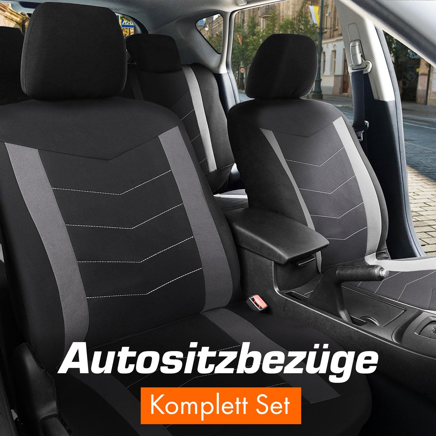 Upgrade4cars Auto-Sitzbezüge Set Universal Grau Vordersitze Rückbank Schwarz Autozubehör Innenraum