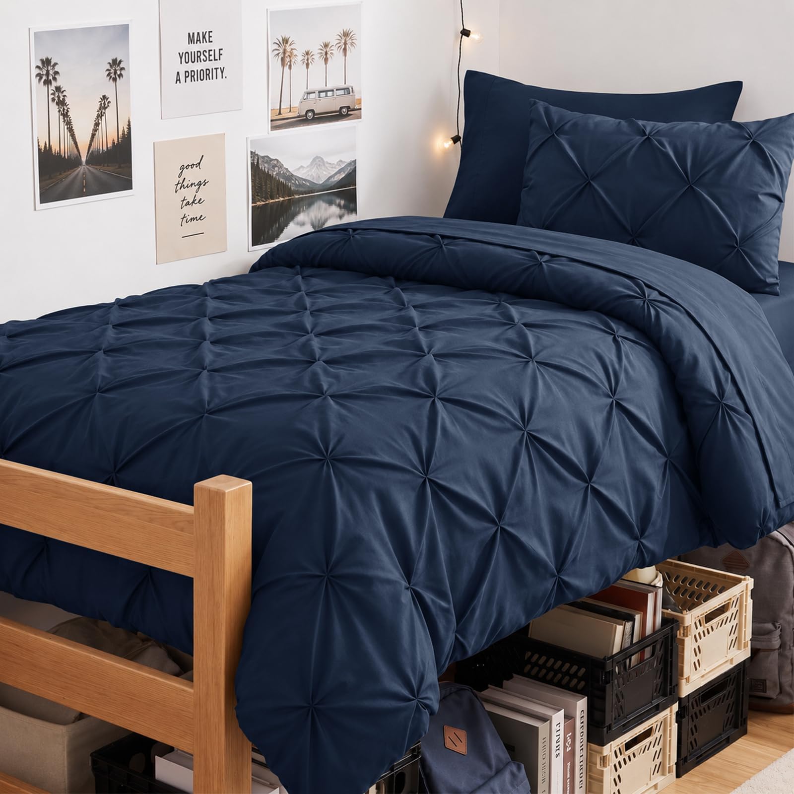 CozyLux Twin Comforter Set Navy, 5 Pieces Pintuck Bed in a Bag