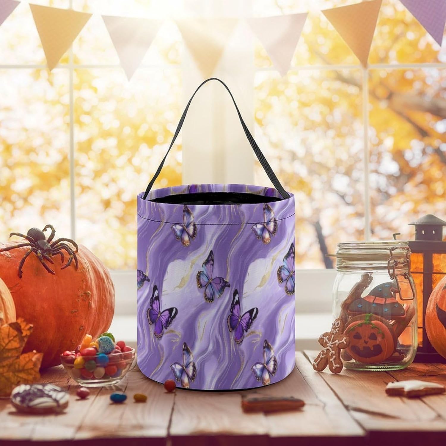 Purple Marble Butterfly Halloween Treat Bag Reusable Candy Basket Tote Goody Bags Gift Party