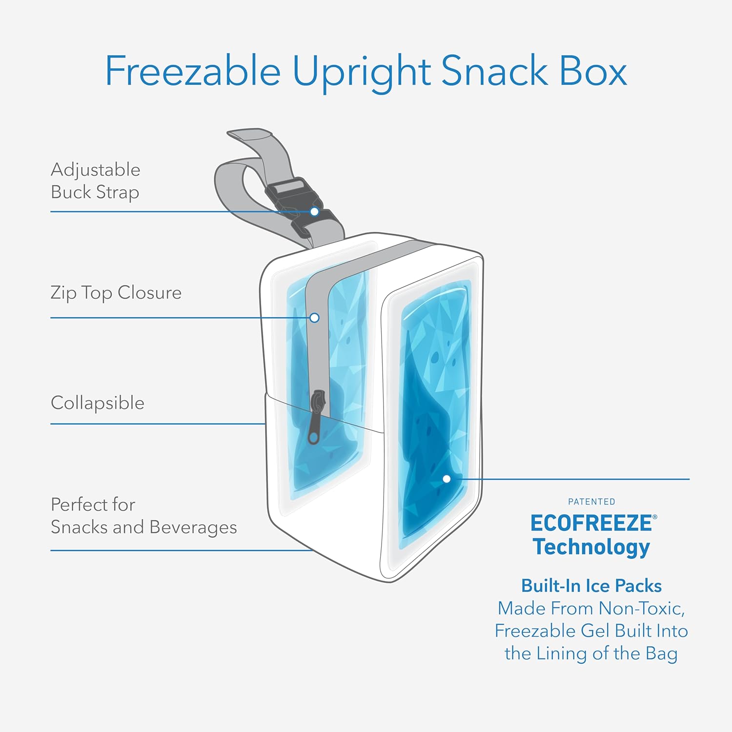 PackIt Freezable Upright Snack Box, Azure Blue, Built with EcoFreeze Technology, Fully Freezable, Collapsible, Reusable, With Top Buckle Handle and Top Load Design, For Perishable Snacks On the Go