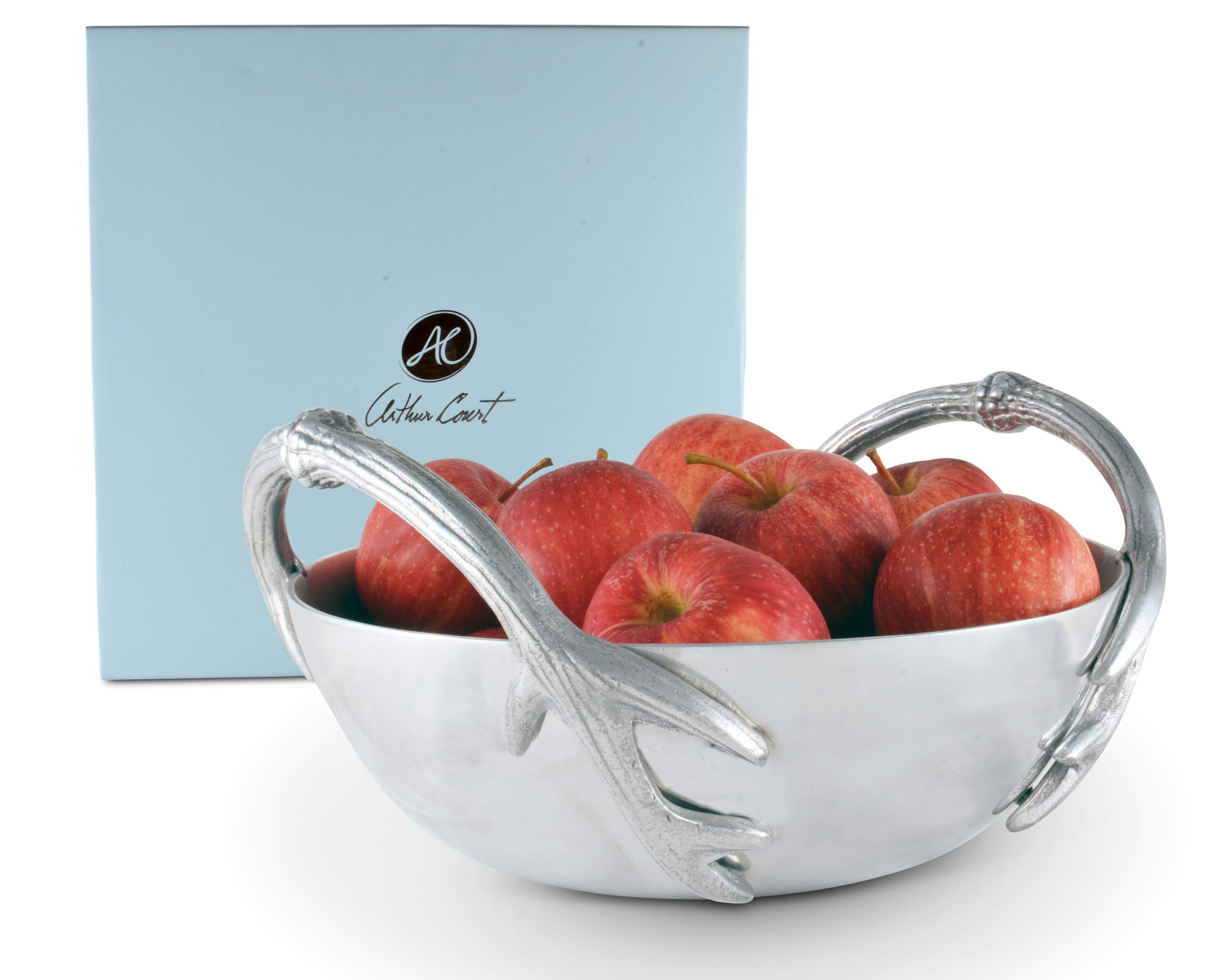 Arthur CourtDesigns Aluminum Deer Antler Handle Serving Fruit Salad Bowl Refined Rustic 10 inch Diameter 4.5 inch Tall