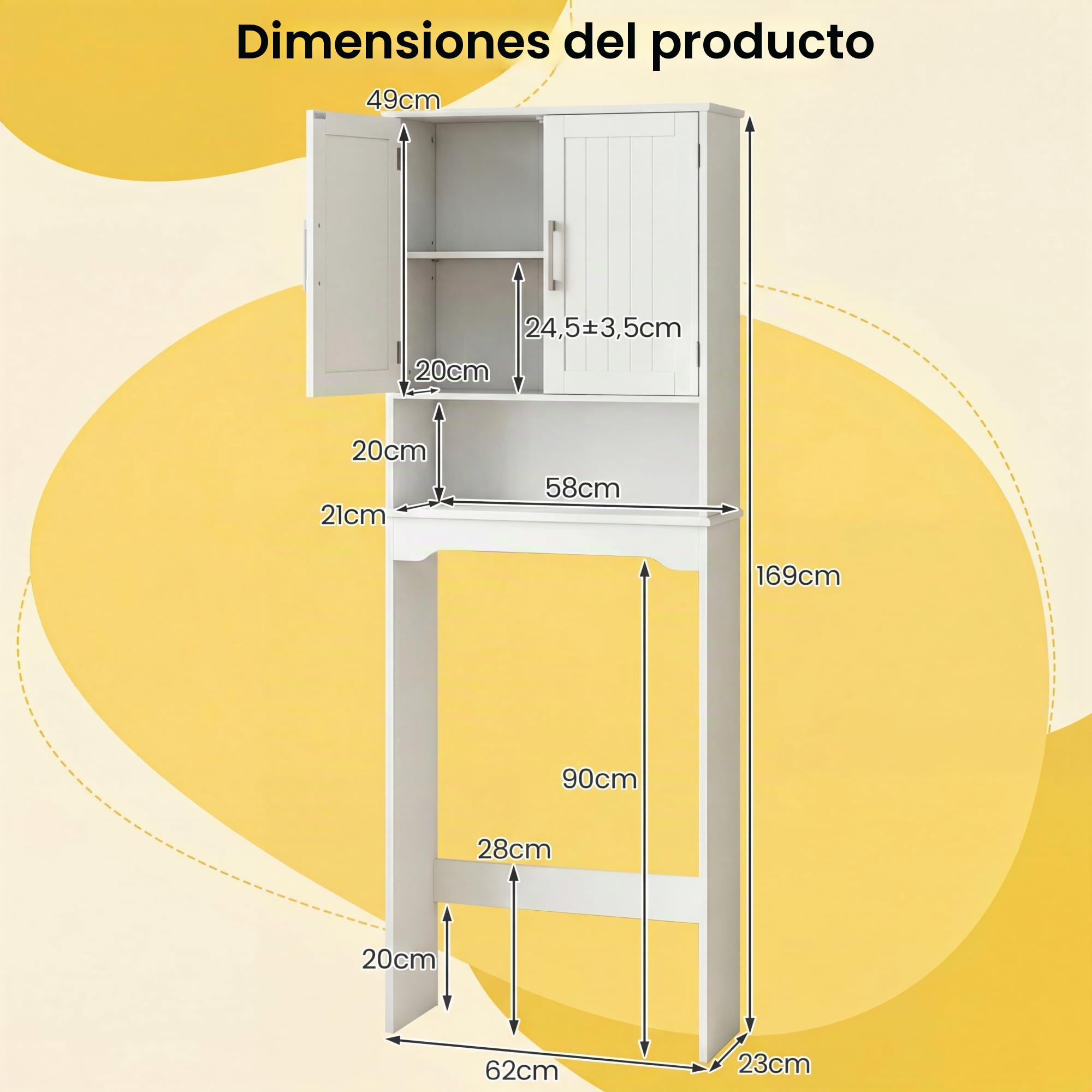 LIFEZEAL Armario sobre Inodoro, Mueble Alto de baño, Estante con 2 Puertas balda Ajustable, Organizador para baño, Lavadora, 63 x 23 x 168 cm