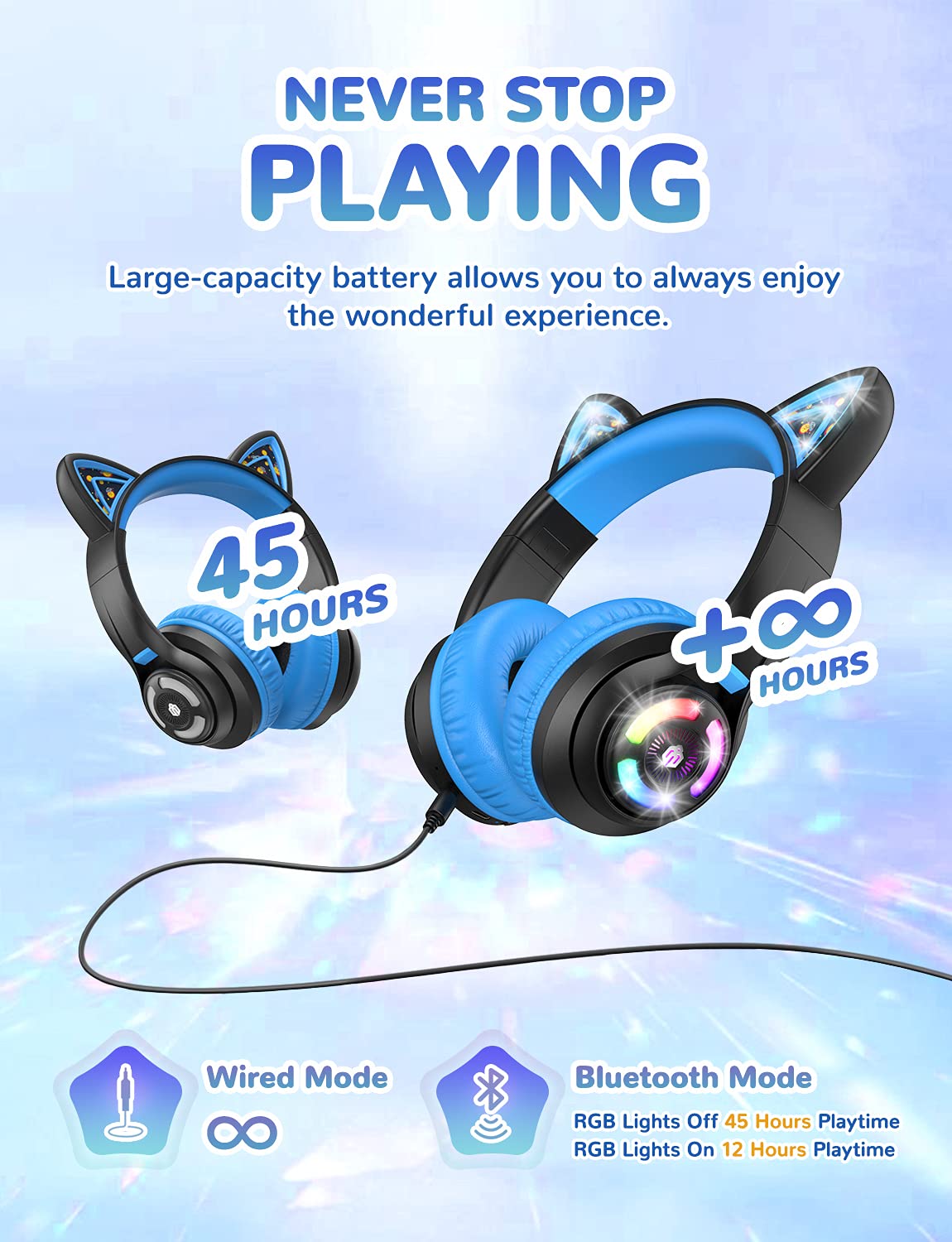IClever BTH13 Kattenoren Bluetooth-kinderhoofdtelefoon – 3 Volume-instellingen (74/85/94 DB), 45 Uur Batterij – Roze-lila