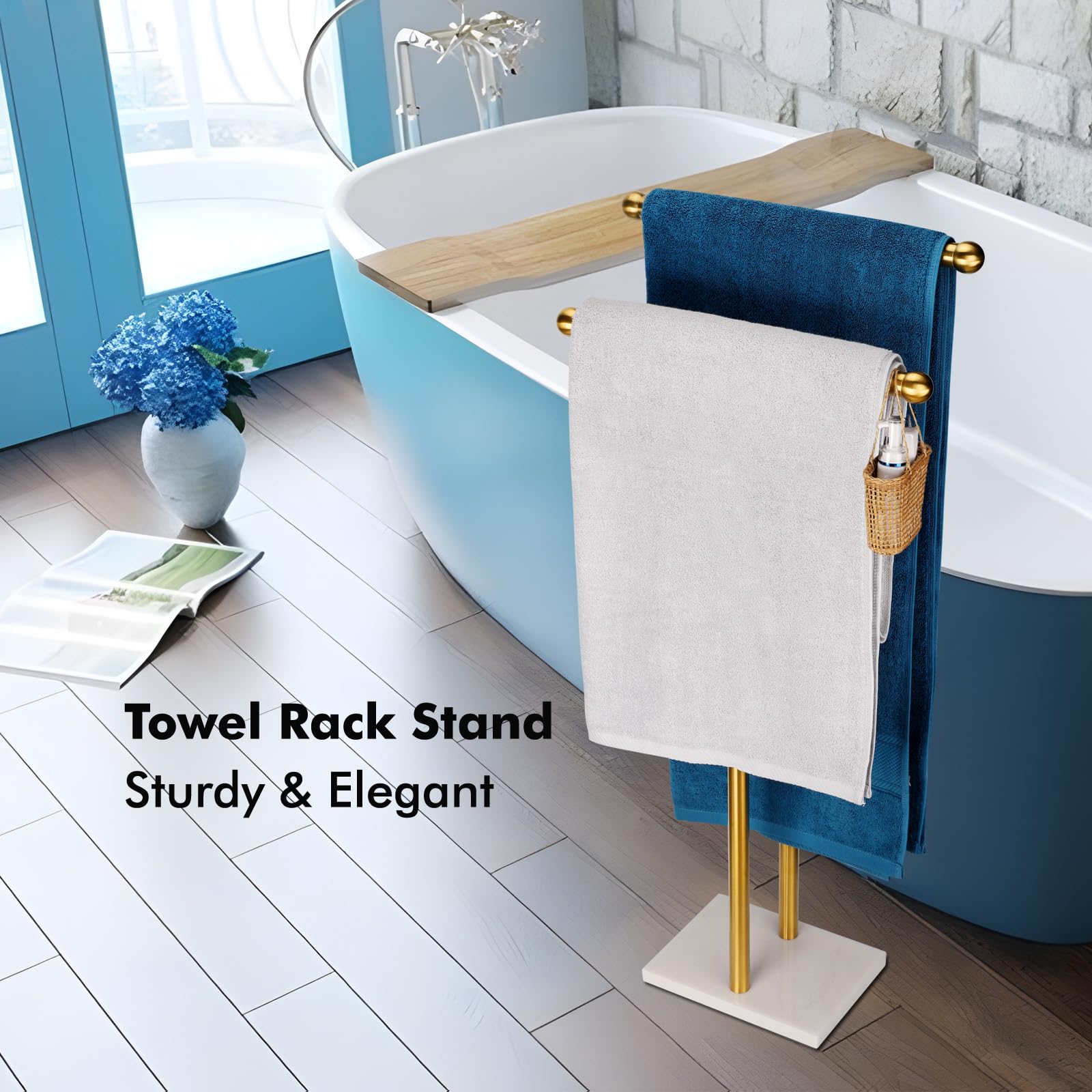 WAYDELI Porte-Serviettes sur Pied Double en Forme de T avec Base en marbre pour Salle de Bain à 2 Niveaux en Acier Inoxydable (Or brossé)
