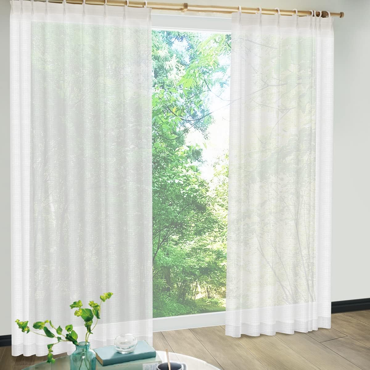 KURENAI One Way See-Through 100% Recycled Polyester Privacy Semi-Sheer Curtains [Fujin], 193 Sizes, Made in Japan, Pinch Pleated, UV Block, 2 Panels Set, Each 39.4" W x 83.9" L with Hooks & Rings