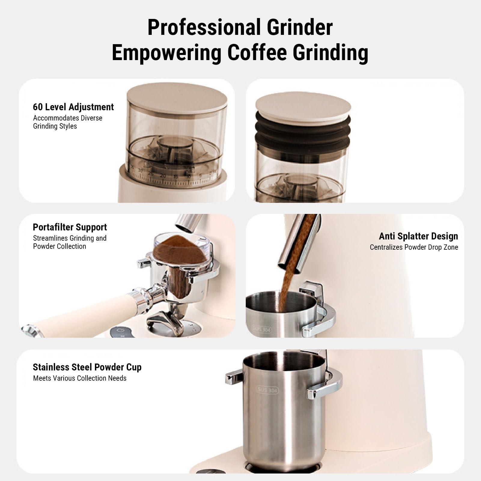 Elektrische Kaffeemühle, Wiederaufladbar, Antistatisch, 60 Mahleinstellungen, Speicher-Timer, Siebträger, Unterstützung für den Heimgebrauch (685 Aprikose)