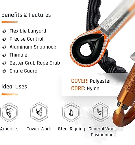 Miniatura 2 de ProClimb Arborist Lanyard by Pelican Rope - 12 pulgada x 12 pies de poliéster, gancho a presión de aluminio, ajustable, alta visibilidad,
