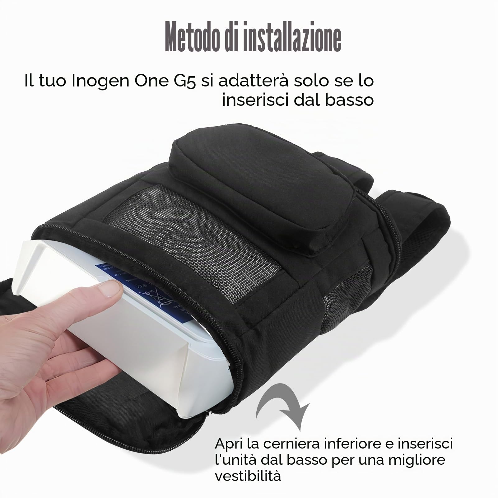 Zaini per dispositivi di ossigeno Inogen One G5 e Rove 6, zaino con cerniera sul fondo e coperchio trasparente, Nero, 8.38 x 18.29 x 23.37 cm