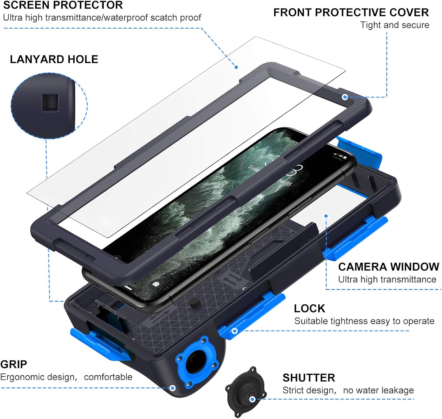 Diving Phone Case for iPhone 12 12Mini 11Pro Xs and Samsung Galaxy S10 S10+ Note 10 10+, Professional 50ft Waterproof Phone Cover for Outdoor Surfing Swimming Snorkeling Photo Video Blue