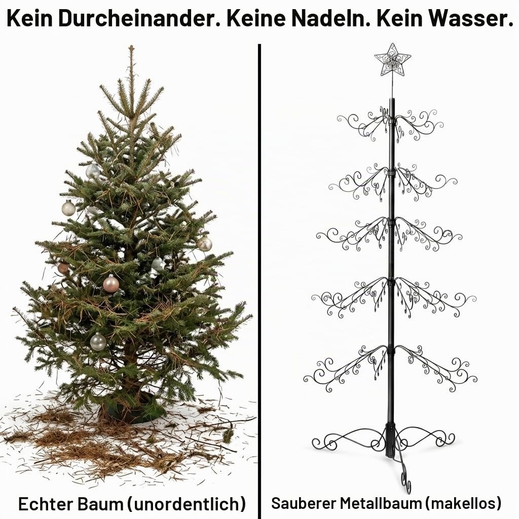 HOHIYA Metall Weihnachtsbaum 196 cm Schwarz Kugelhalter Modern | Moderne alternative Tannenbaum-Dekoration für Kugeln, Kristalle und festliche Innenraumgestaltung ohne Nadeln oder Pflege.