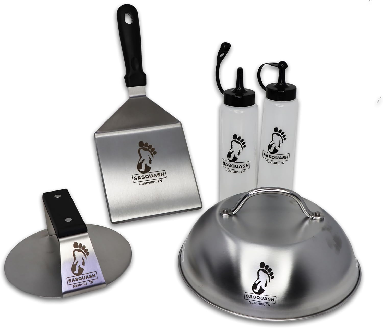 Sasquash Burger Press Kit, 5 Piece Smash Burger Set, Smash Burger Press, Spatula, Melting Dome and 2 Squirt Bottles for Griddle and Grill, Stainless Steel, Kitchen Gadgets, Grilling Accessories