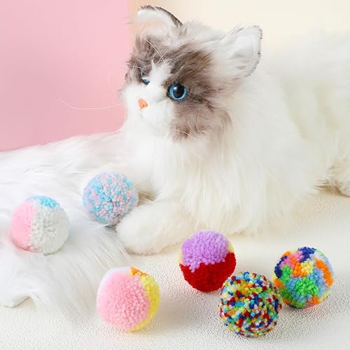 Miniatura 7 de 6 bolas de felpa suave para gatos de 2 pulgadas, juguete colorido de pompón pequeño, hilo de lana suave para gatos de interior, gatitos, ejercicio y