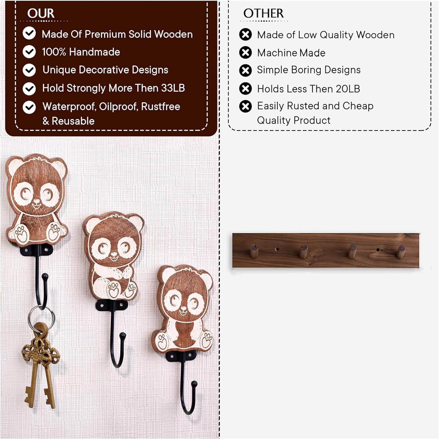 Indian Shelf 3 Pack Aesthetic Wooden Panda Heavy Duty Decorative Vintage Key Holder, Key Wall Hooks for Hanging Coats, Jackets, Leash, Hat, Towel, Backpack, Purse, Handbag for Mudroom Décors -Brown
