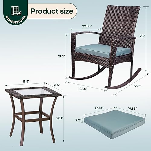 Miniatura 6 de Niubya Juego de 3 sillas mecedoras de mimbre para patio, sillas de mimbre para exteriores con cojines y mesa auxiliar, color beige y marrón