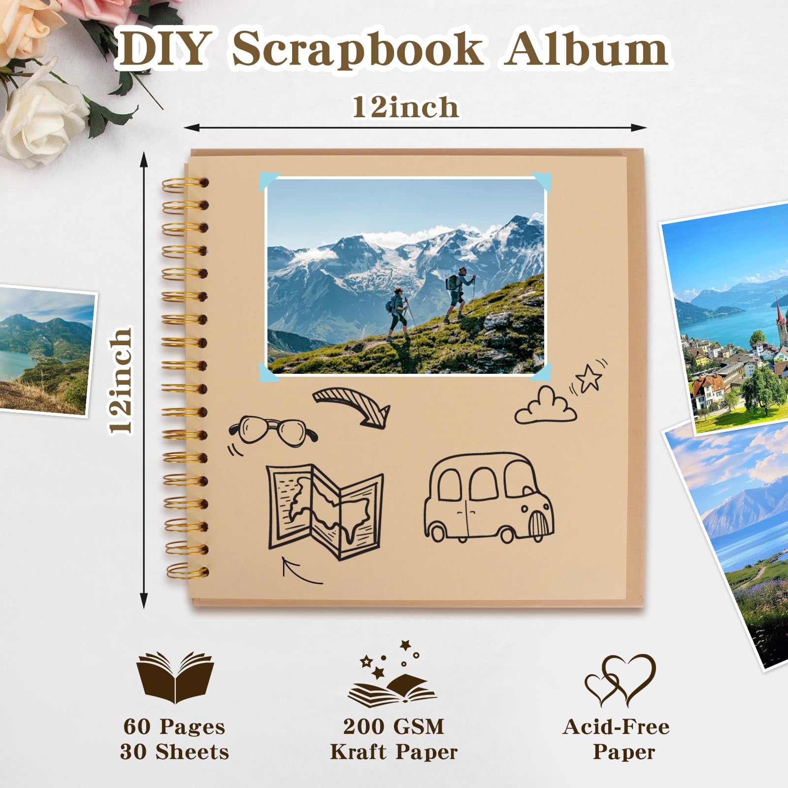 Álbum de fotos de 12 x 12 pulgadas con páginas de papel kraft, álbum de recortes para viajes, boda, aniversario familiar, baby showers, 60 páginas en blanco, libro de recuerdos de fotos y proyectos de