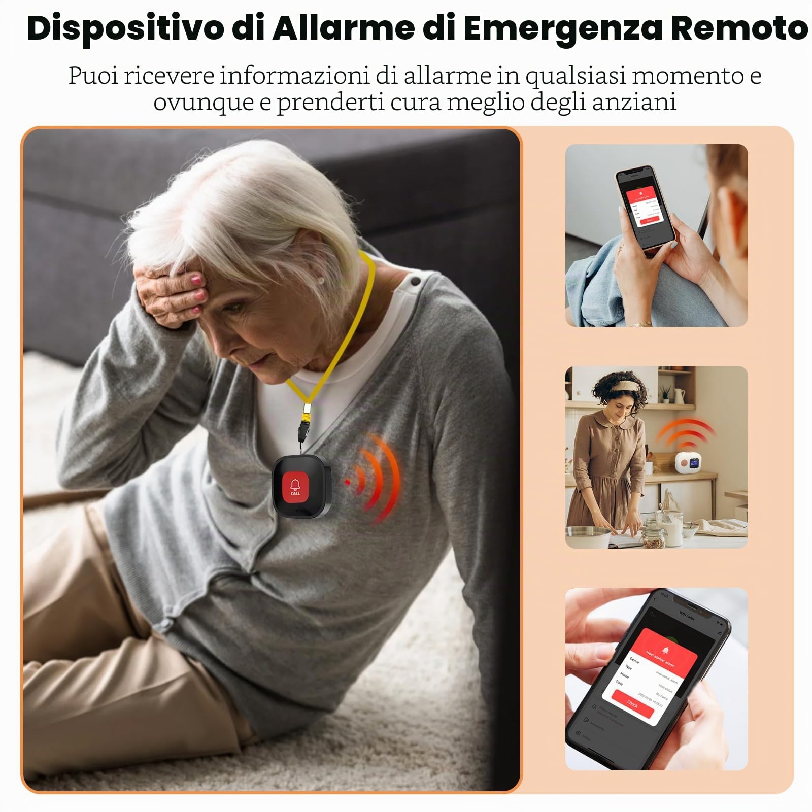 Pulsante di Chiamata di Emergenza per Anziani, Wi-Fi Sistema di Chiamata | Emergenza Intelligente, 6 SOS Pulsanti di Chiamata di Emergenza, 1 Ricevitore Display Digitale, Caregiver Pager per Pazienti