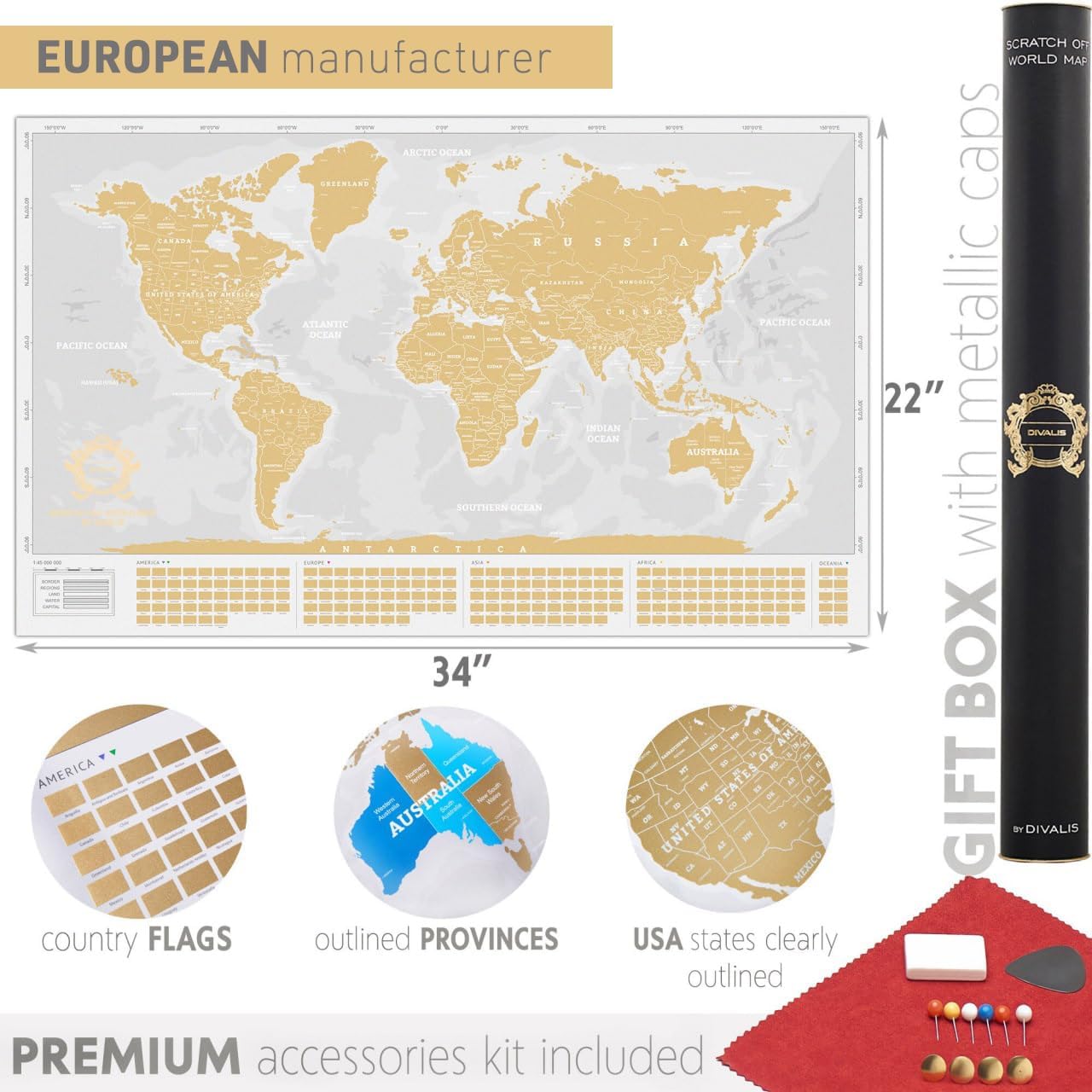 Extra Large Scratch off World Map - Laminated Scratchable World Map - Gold and White Travel World Map - Best Xl Gold Gift Scratch off Poster of the World Grey - All Accessories Included
