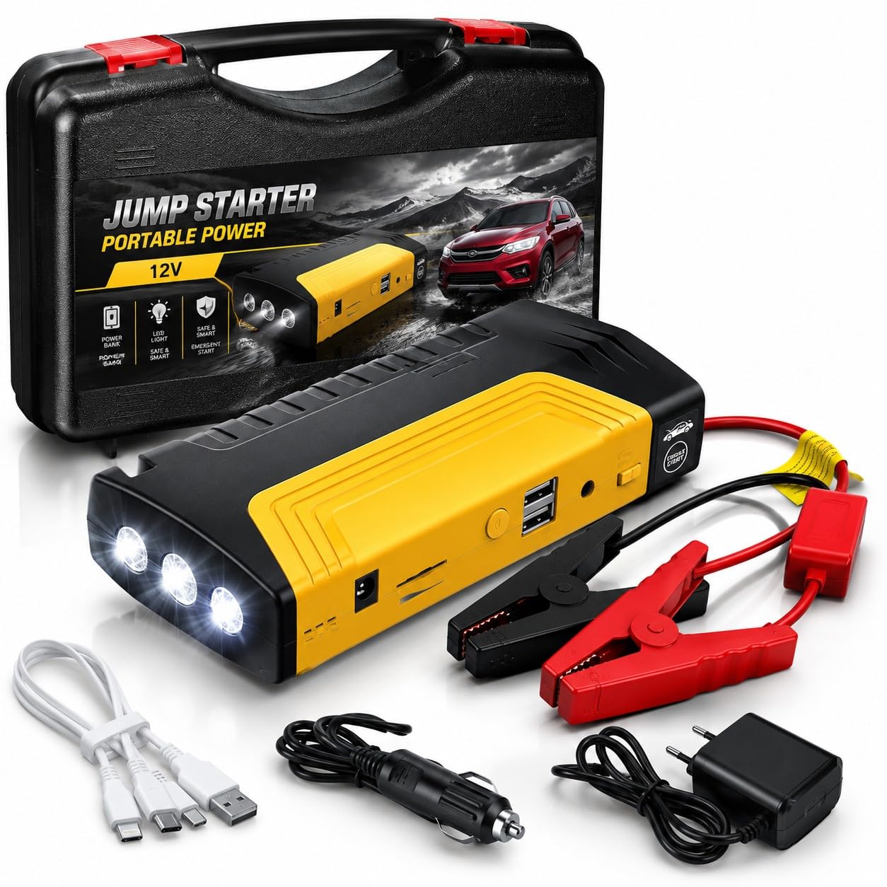 Avviatore Auto Portatile 12V 600A Jump Starter Power Bank 50800mAh con Torcia LED Doppia USB Cavi di Avviamento per Auto Moto SUV Barca Motori Fino a 5L Benzina 3L Diesel