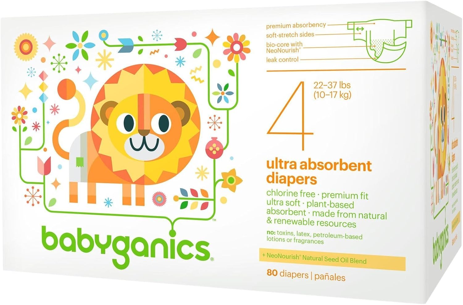 Babyganics Ultra Absorbent Diapers, Size 4, 80 Count