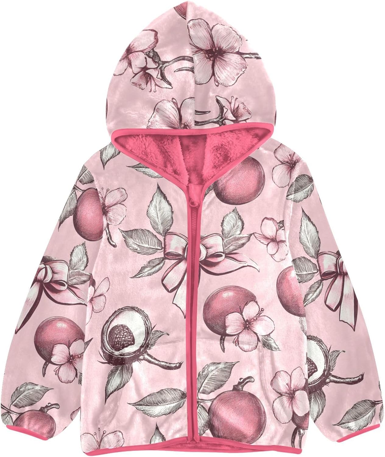 Girls Hoodie Outfit Pink Fruit Bow Flowers Pattern Zipper Sweatshirt Coat Fleece Jacket for Kids 3-10T