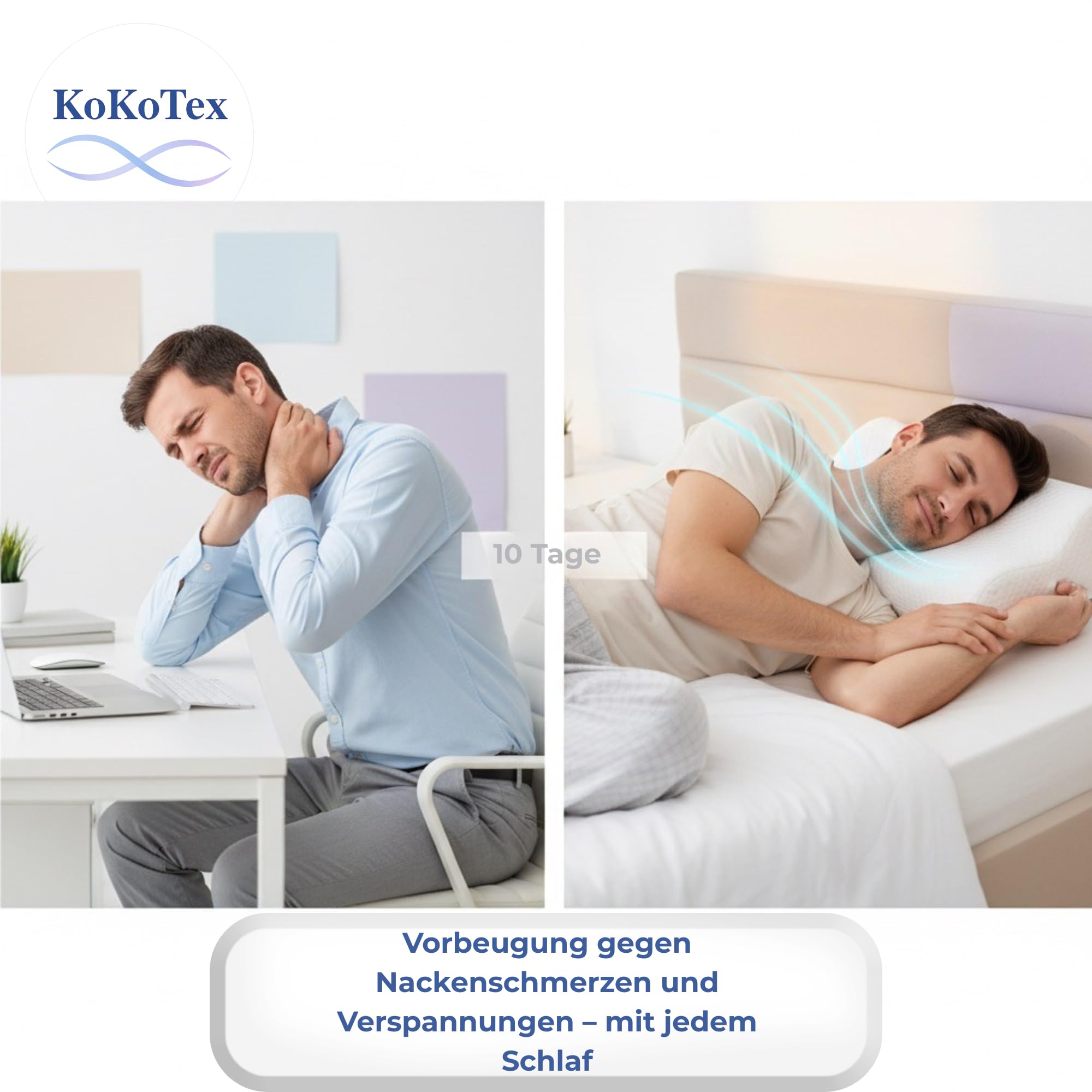 KoKoTex Comfort Oreiller Cervical Ergonomique Mousse Mémoire De Forme - Soutien Nuque Anti-Rides 55x40x12 Cm