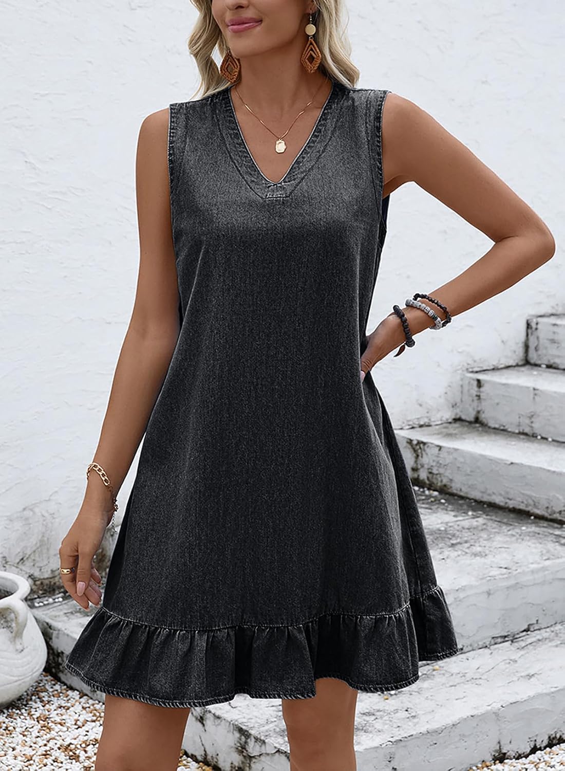 Dokotoo Denim Dress for Women Spring Summer Sleeveless V Neck Ruffle Hem Lightweight Casual A-Line Mini Jean Dresses - Image 4