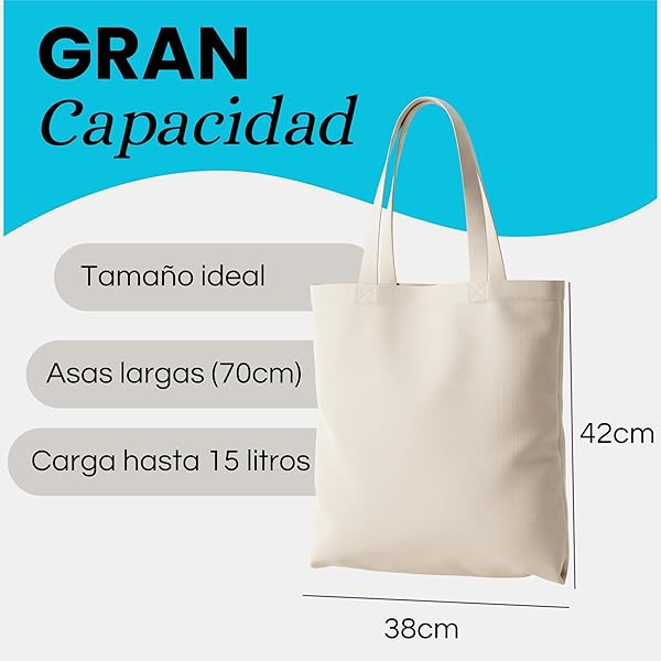 ORATIC Pack Tote Bag 100% Algodón Natural Reutilizables de 42x38cm y 140 g/m² – Bolsas de Tela Resistentes para Uso Diario con Asas Largas de 70cm y Tamaño Práctico - 5