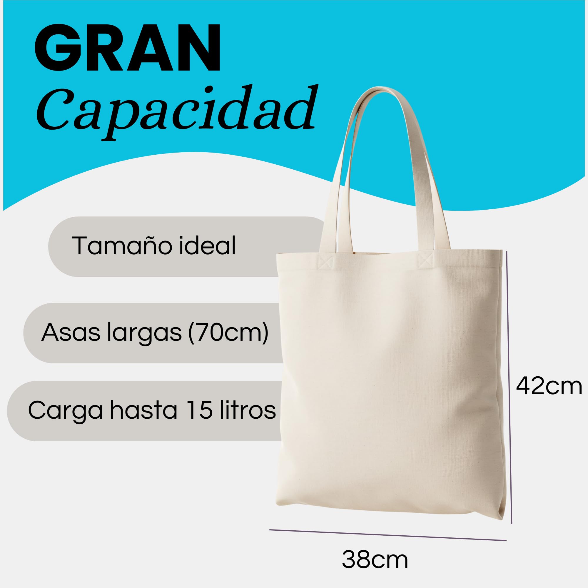 Pack Tote Bag 100% Algodón Natural Reutilizables de 42x38cm y 140 g/m² – Bolsas de Tela Resistentes para Uso Diario con Asas Largas de 70cm y Tamaño Práctico - 5