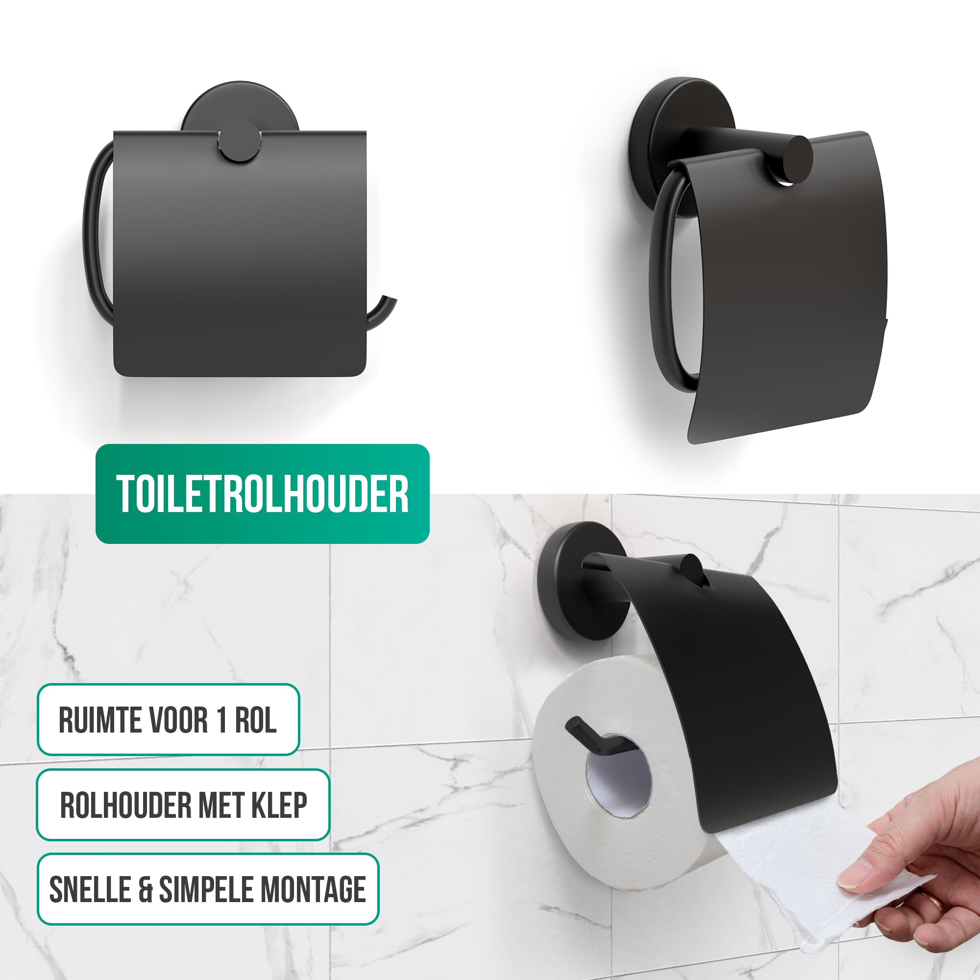 Avalo Juego de accesorios de inodoro negro de 4 piezas - Juego de inodoro de lujo - Cepillo de inodoro con soporte/soporte para papel higiénico/soporte para repuesto/gancho para toallas - Incluye