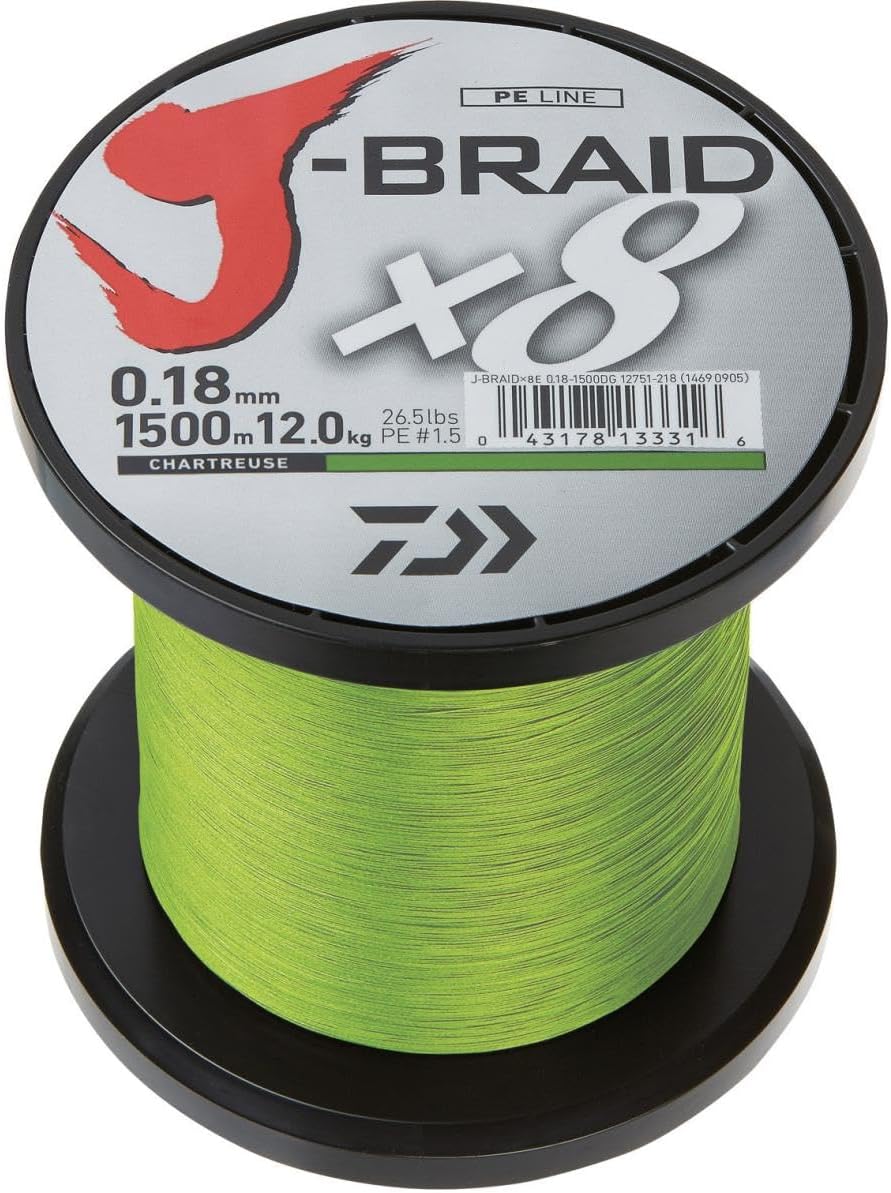 Daiwa J- Braid X8, Chartreuse, 0.18 mm, 12.0 kg / 26.5 lbs, 1500 m, round braided fishing line, 12750-218