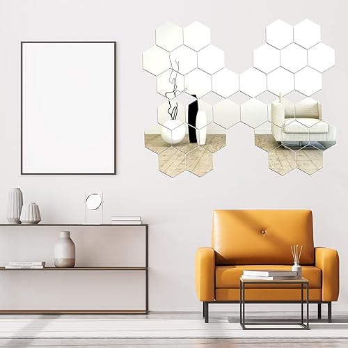 Miniatura 4 de Juego de 32 calcomanías hexagonales de vidrio real para azulejos de espejo de pared, juego de calcomanías de acrílico para decoración de pared de