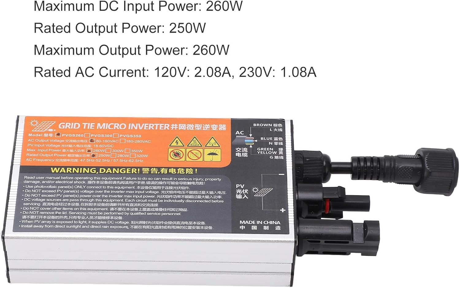 1860V Inverter Solar PV Micro Grid Tie Inverter Grid Tie Micro Inverter Home Use Solar Inverter (PVGS-300W(18-60V) 110V)