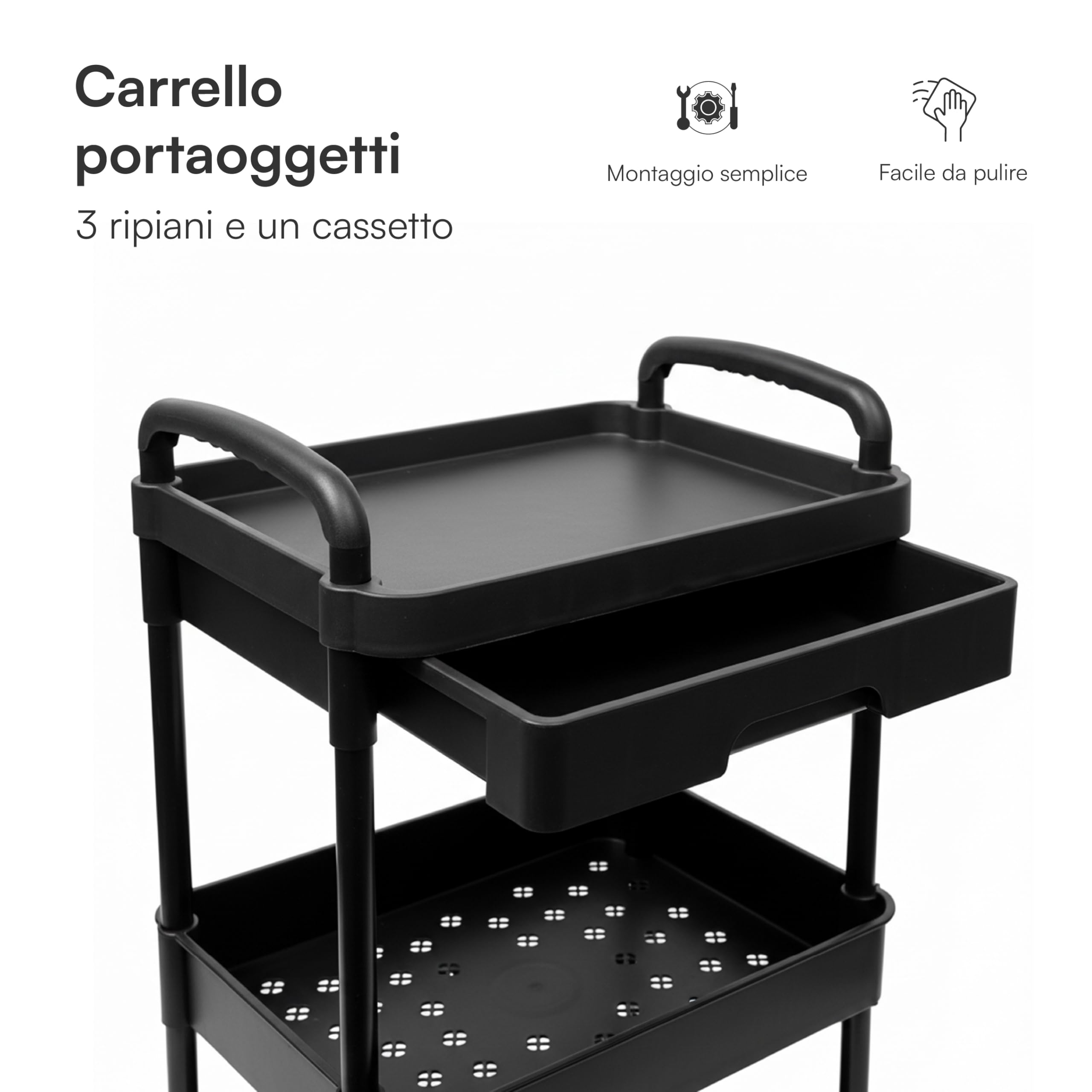 Baroni Home Carrello Portaoggetti con Ruote e Freno, 3 Ripiani con Cassetto, Struttura Resistente con Maniglie, Organizer Salvaspazio per Cucina, Bagno e Cameretta (Nero)