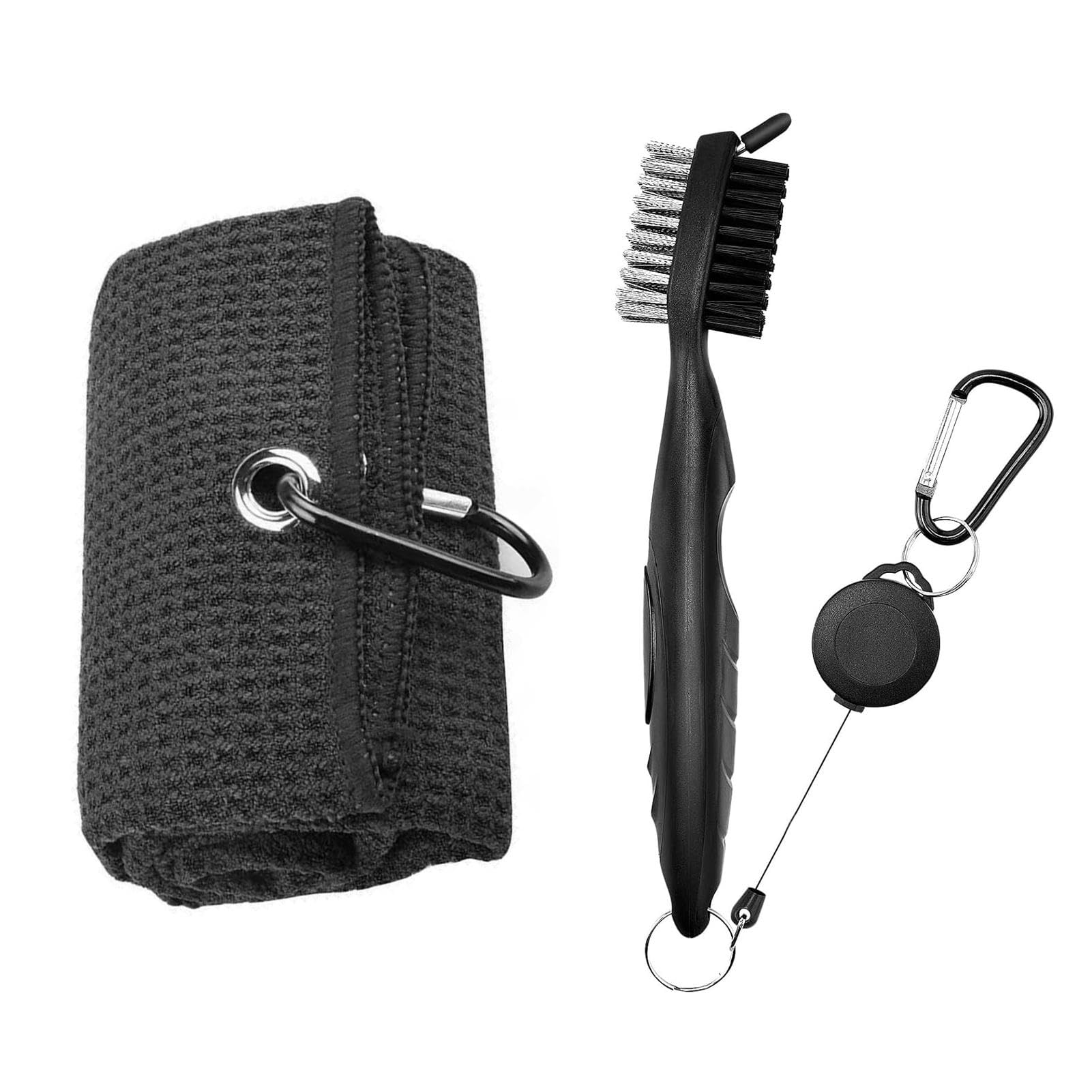 RUILILANG Black Golf Cleaner Brush and Microfibe Golf Towel Set Waffle Pattern Golf- Cleaning Tool Set with Clip Carabiner Golf- Accessories Gift for Men
