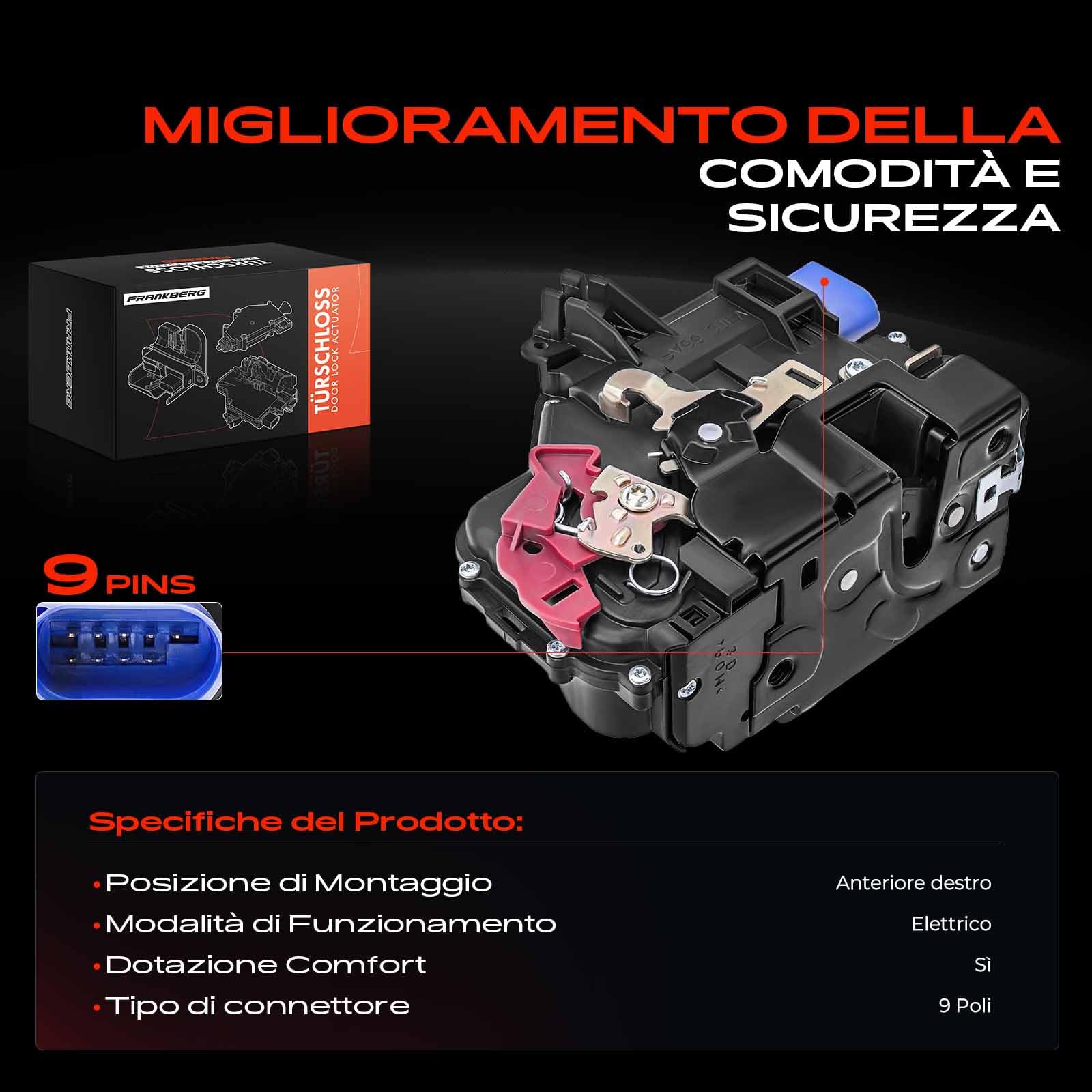 Frankberg Serratura porta serratura auto Anteriore destro Compatibile con Golf V 1K1 Golf Plus 521 5M1 Golf VI Variante AJ5 Golf V Variante 1K5 T.o.u.r.a.n 1T1 1T2 Replace# 3D1837016