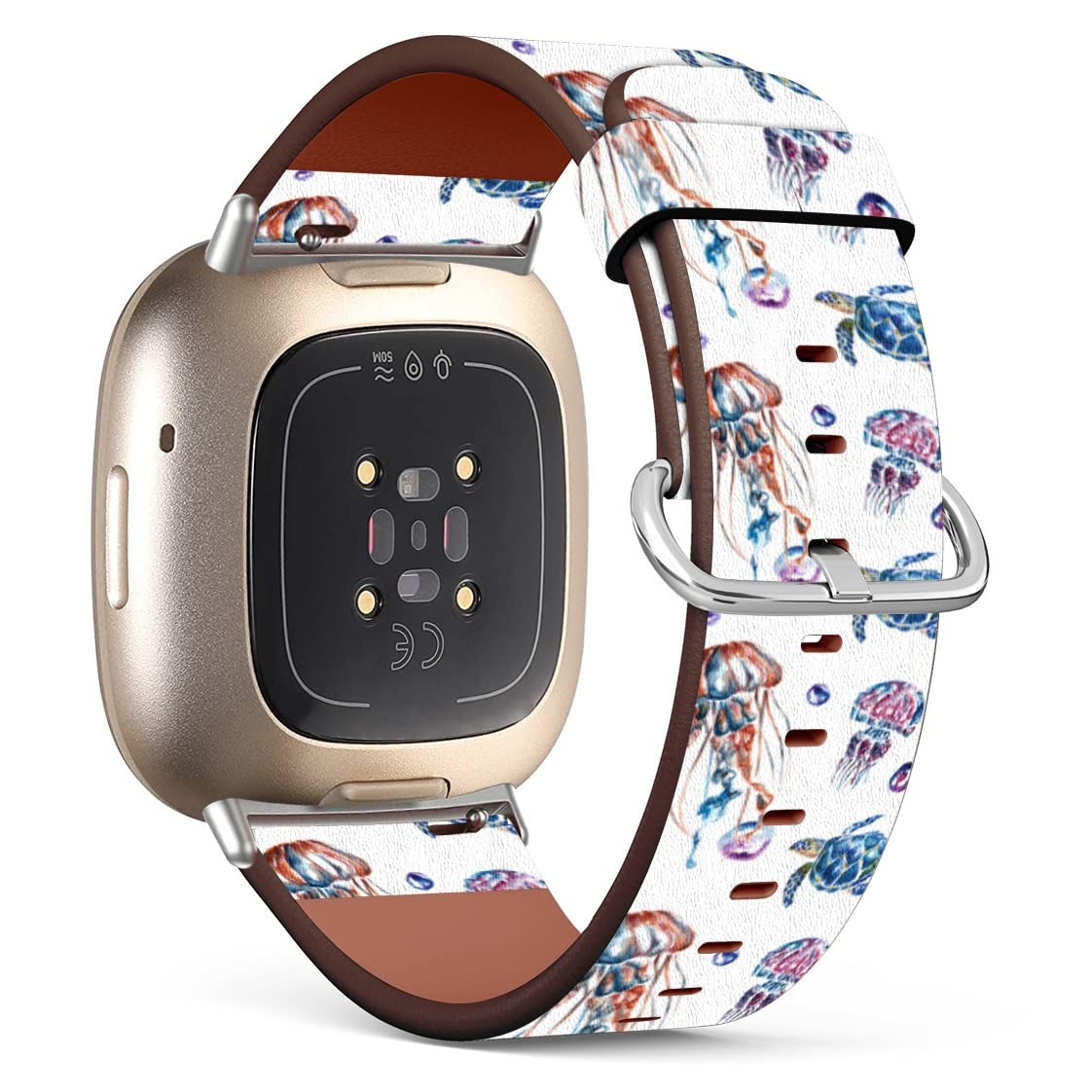 Mingdao Compatible with Fitbit Sense 2 / Sense/Versa 4 / Versa 3 Patterned Leather Replacement Band (Sea Turtle And Jellyfish)