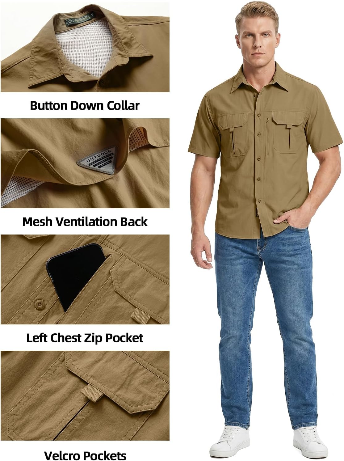 Mens Sun Protection Fishing Shirts Short Sleeves UPF50+ Button Down Quick Dry Shirts Hiking Zipper Pockets