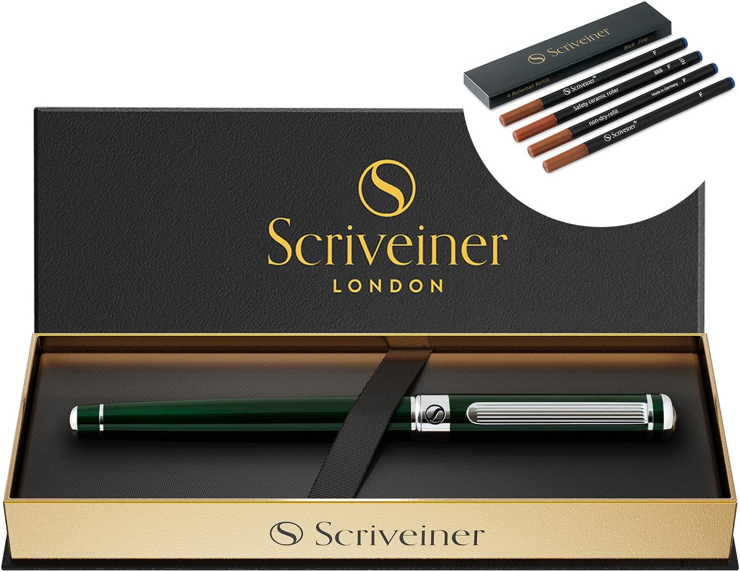 Scriveiner British Racing Green Rollerball Pen - Chrome Finish, Fine Blue Ink, 4 Refills