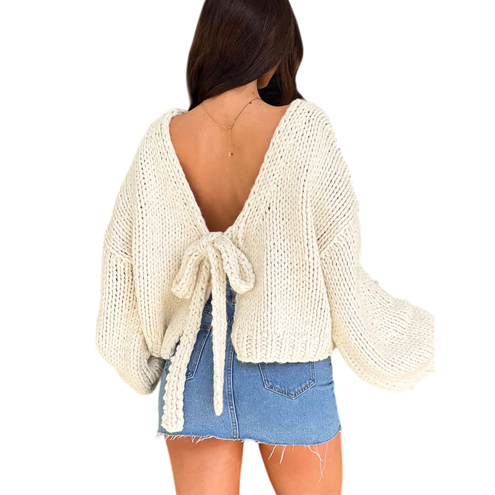 Bow Sweater Women Cute Tie Front Puff Long Sleeve V Neck Solid Oversized Fashion Cropped Sweater