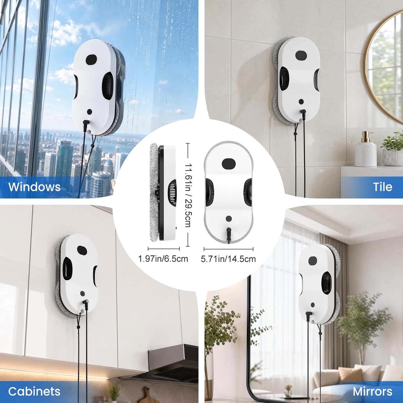 WIWOLER Robot Lavadora de Ventanas, 6000Pa Limpiador de Cristal Automático | Motor sin escobillas, doble pulverización, UPS 35Min seguridad, control remoto, 8 paños para ventanas de cristal