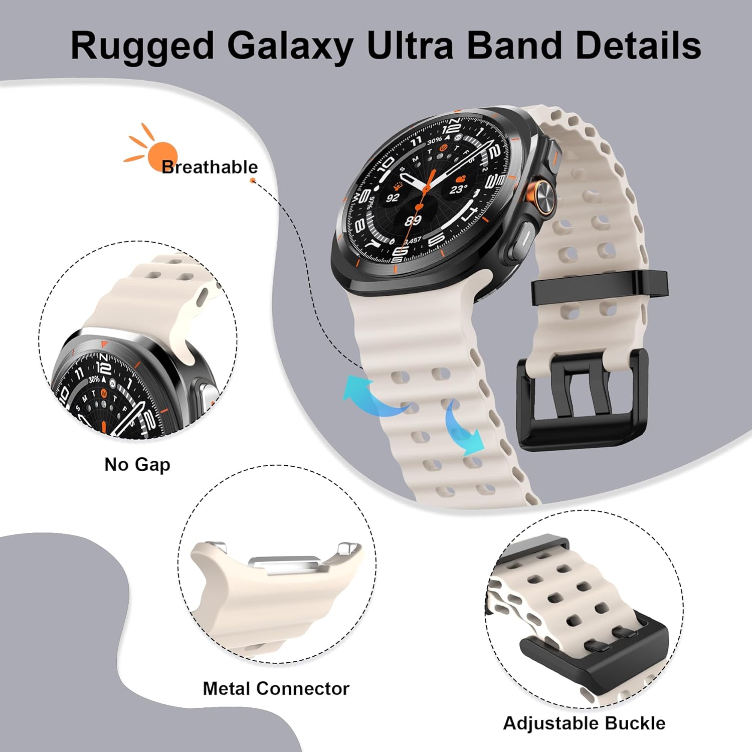 Mobad No-Gap Rugged Silicone Band for Samsung Galaxy Watch Ultra 47mm, Breathable Tactical Sport Strap for Men Women, Durable Waterproof Replacement for Hiking, Training & Outdoor - Image 2