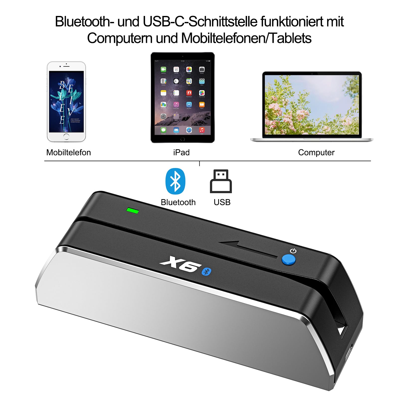 MSR 605/606 Tragbarer Bluetooth-Kartenleser USB Magnetstreifen-Kartenterminal 3-Spur-Swipe-Encoder Silber