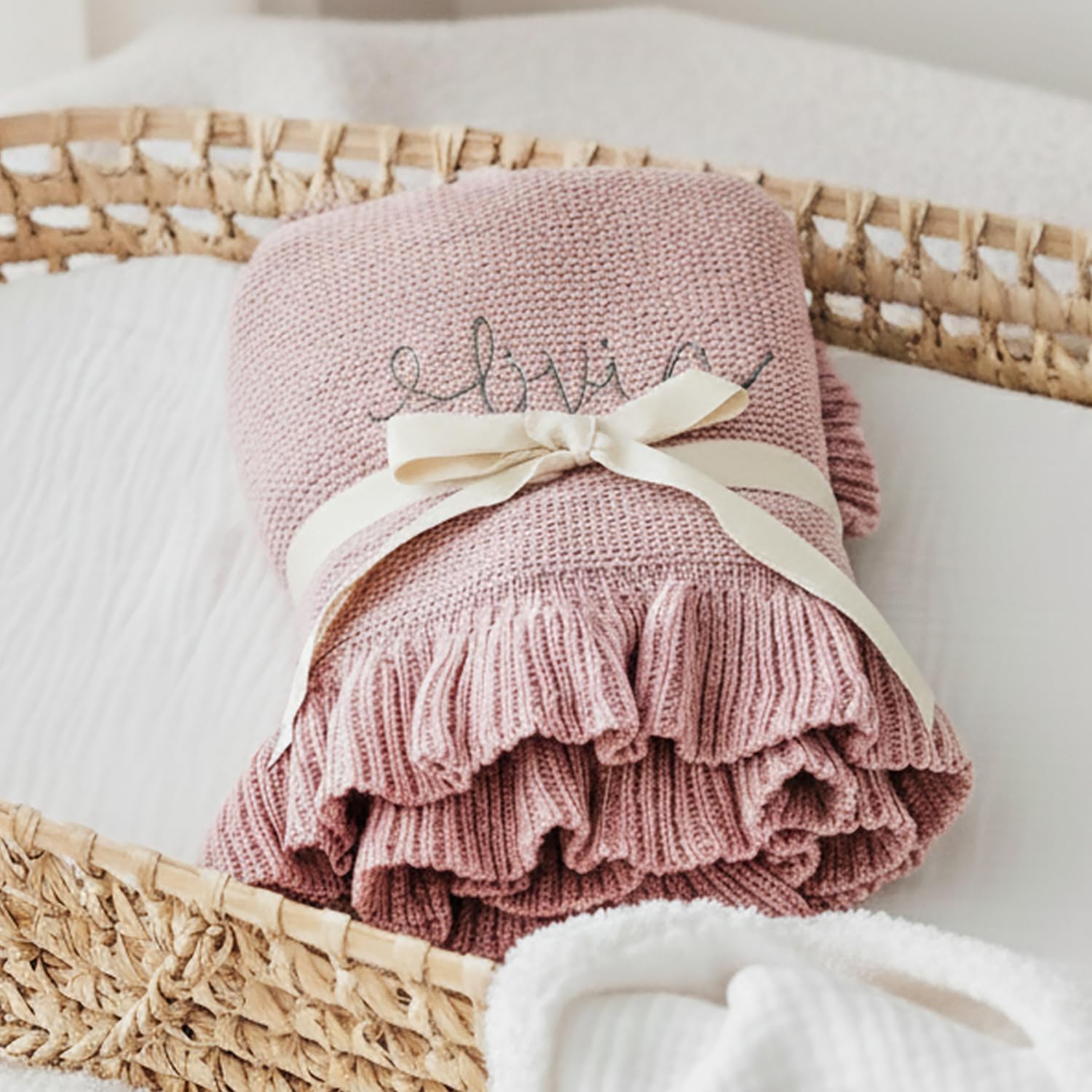 Personalized Baby Blanket with Name - Custom Embroidered Knitted Ruffled Blanket for Newborn, 30x40 inch, Customized Gift for Newborn Boys Girls on Birthday, Baby Shower, Christmas