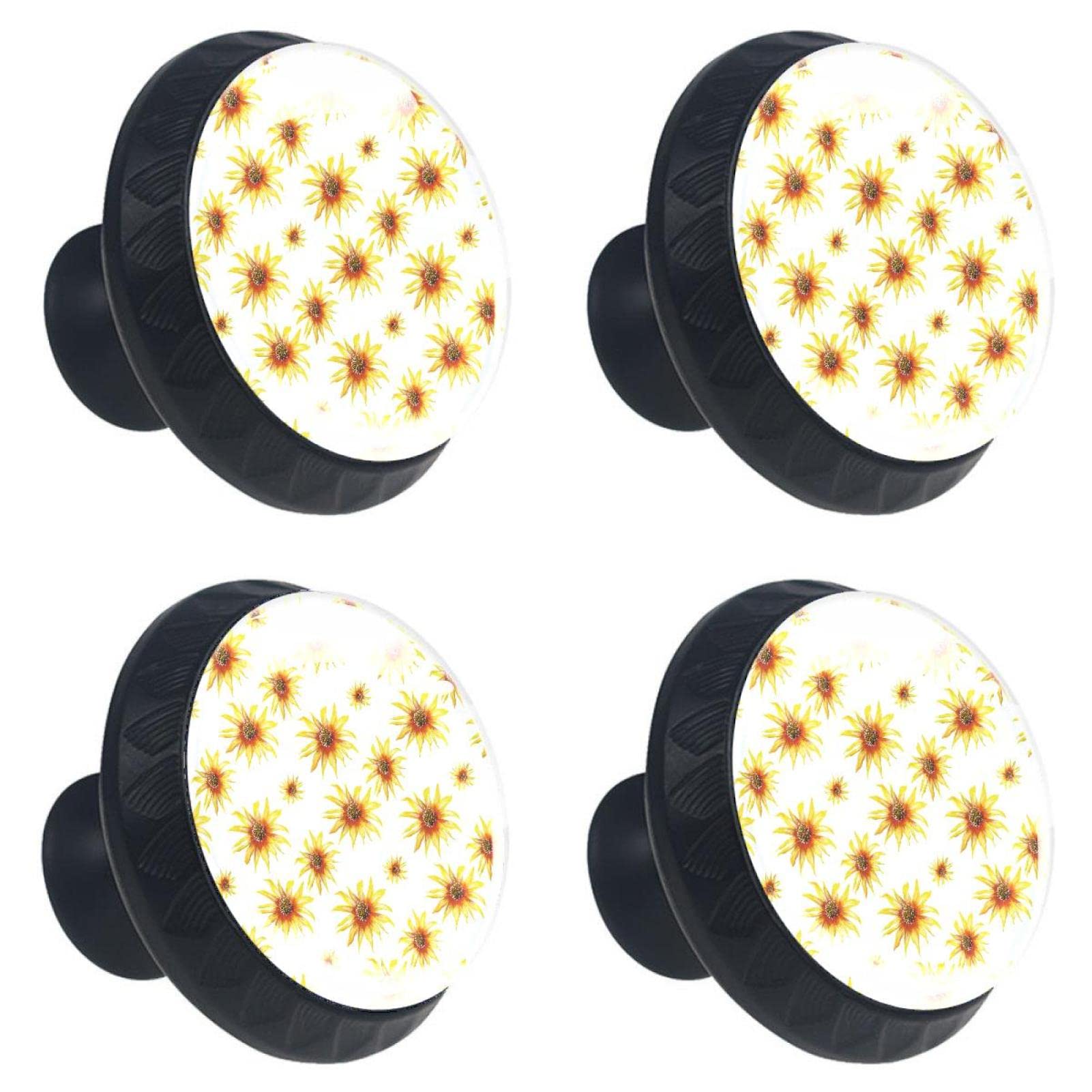 Boutons de tiroir tournesols jaunes design multicolore pour meuble - Lot de 4